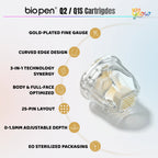 Dr. Pen Q1S Q2 25 pin replacement cartridge feature diagram showing gold-plated fine gauge, curved edge design, adjustable depth, and EO sterilized packaging