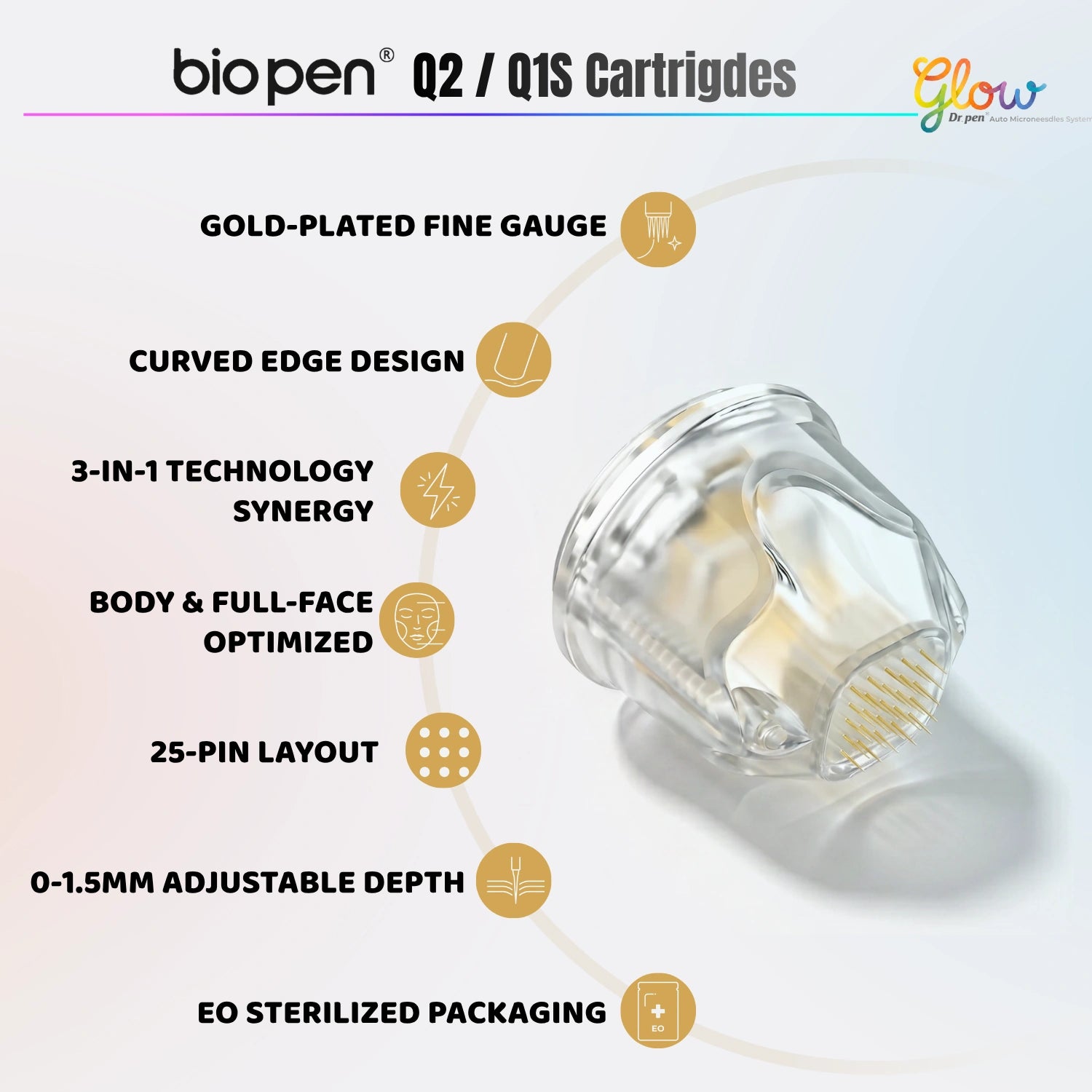 Dr. Pen Q1S Q2 25 pin replacement cartridge feature diagram showing gold-plated fine gauge, curved edge design, adjustable depth, and EO sterilized packaging