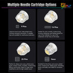Dr. Pen Q1S Q2 replacement cartridge options comparison showing 9 pin, 14 pin, 25 pin, and nano needle cartridges