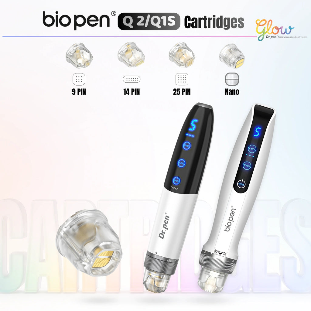 Dr. Pen Q1S Q2 replacement cartridges overview showing 9 pin, 14 pin, 25 pin, and nano cartridge options with compatible Bio Pen devices