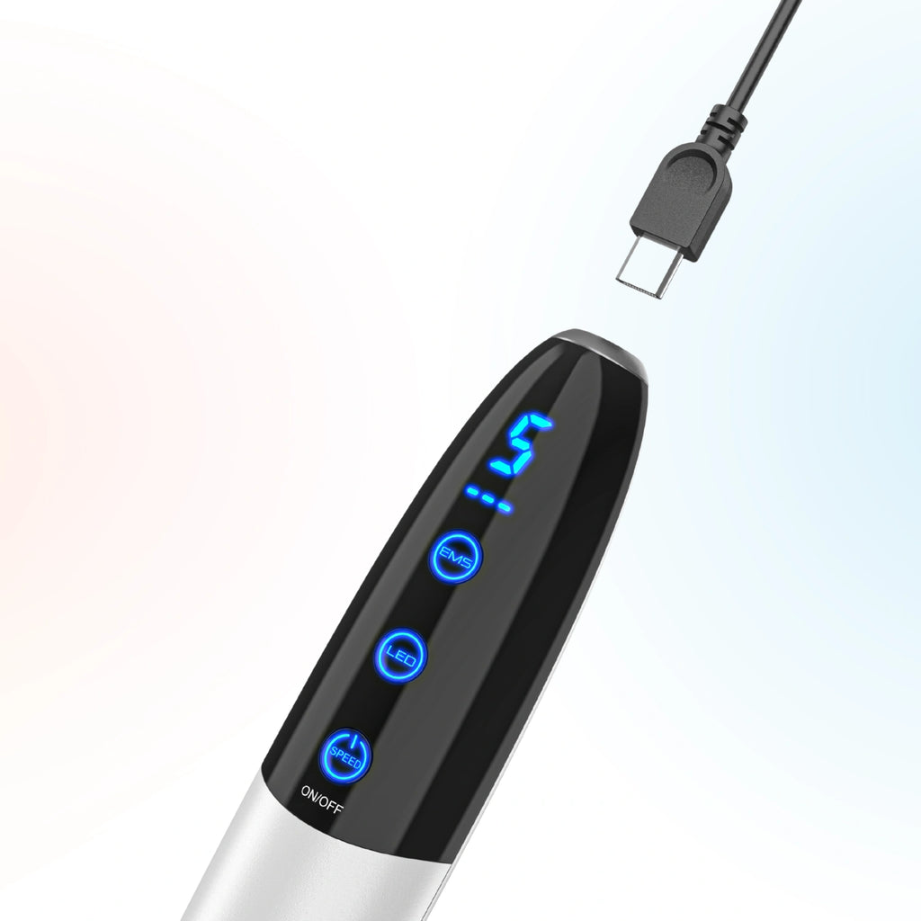 Dr. Pen Q1S microneedling pen with USB charging cable showing power connection
