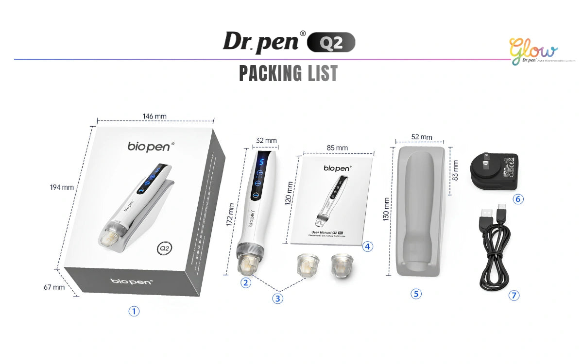 Dr. Pen Q2 biopen packing list showing device, nano cartridges, user manual, storage case, adapter and USB cable