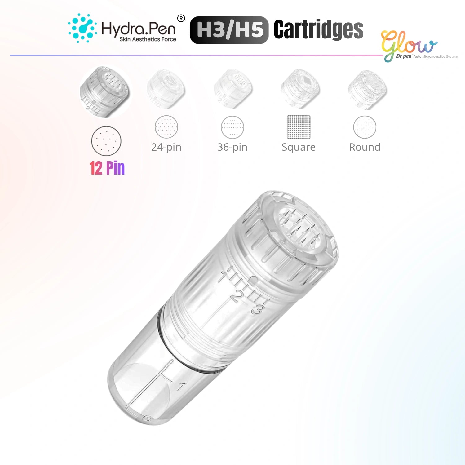 Hydra Pen H3 H5 12-pin replacement cartridge with transparent 3ml chamber, needle cap, and serum adjustment markings