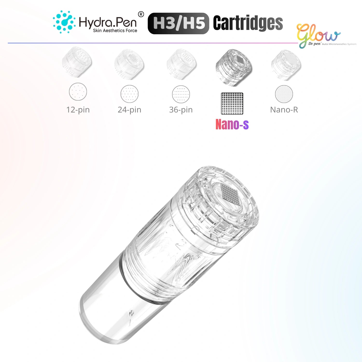 Hydra Pen H3 H5 Nano-S square replacement cartridge featuring square nano tip, 3ml serum chamber, and adjustable liquid output